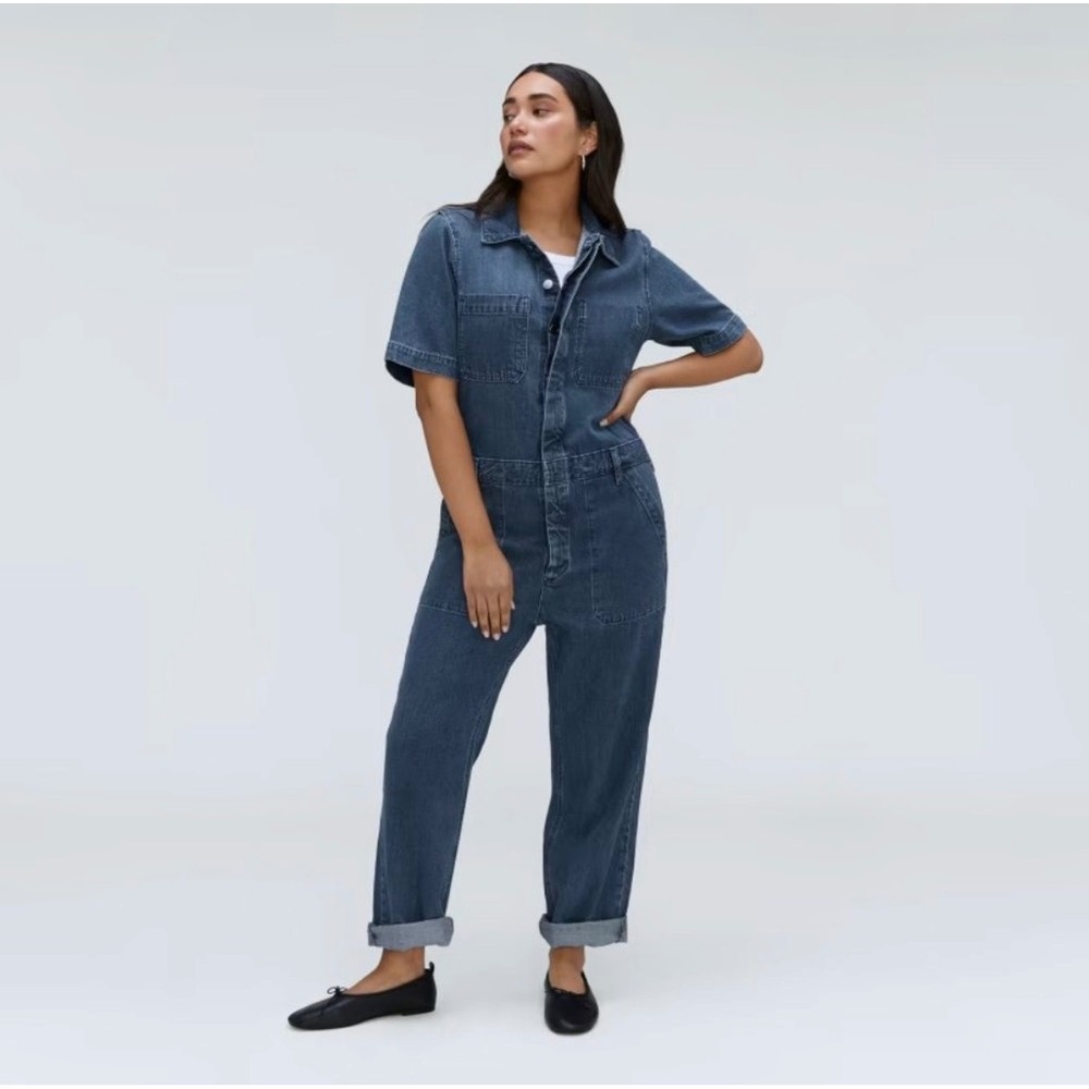 Everlane Short Sleeve Denim Coverall Womens 10 Blue Good Organic Cotton Jumpsuit